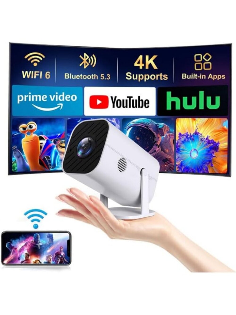 Portable Mini Projector with WiFi & Bluetooth, Built-in Apps for Movies
